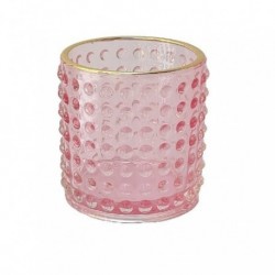 1- Porta vela de vidrio burbujas rosa con borde dorado 7x7cm