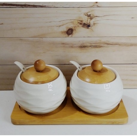 Set azucar/yerba ceramica redondo c/base bamboo