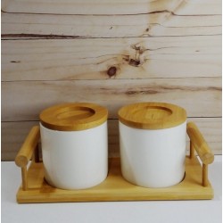 Set azucar/yerba ceramica redondo c/base bamboo