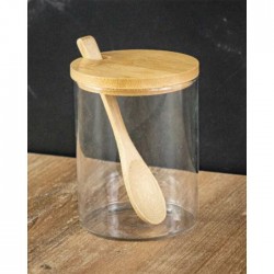 Azucarera de vidrio redonda c/cuchara y tapa bamboo 8x10cm