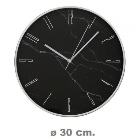 Reloj plastico simil marmol negro 30cm diam.