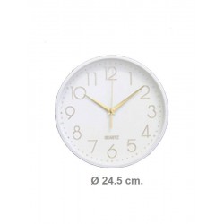 Reloj de pared plastico 24.5cm diam. blanco/dorado