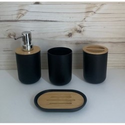 Set de bano de PVC negro con bamboo x 4 pcs.